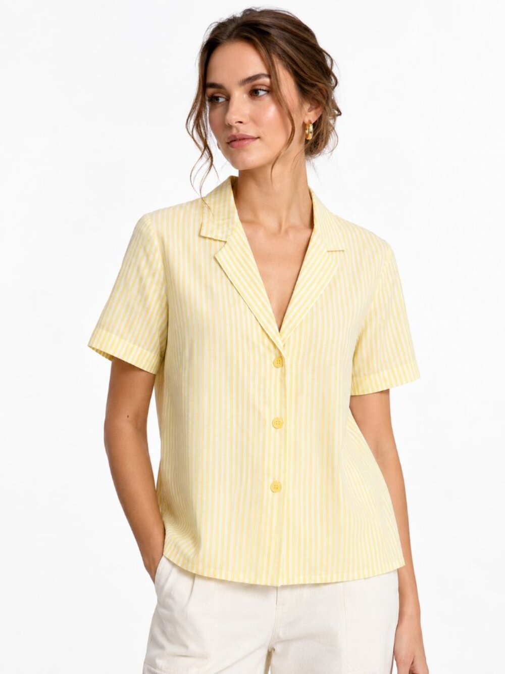 OYSHO Striped Cotton Short Sleeve Button Blouse
